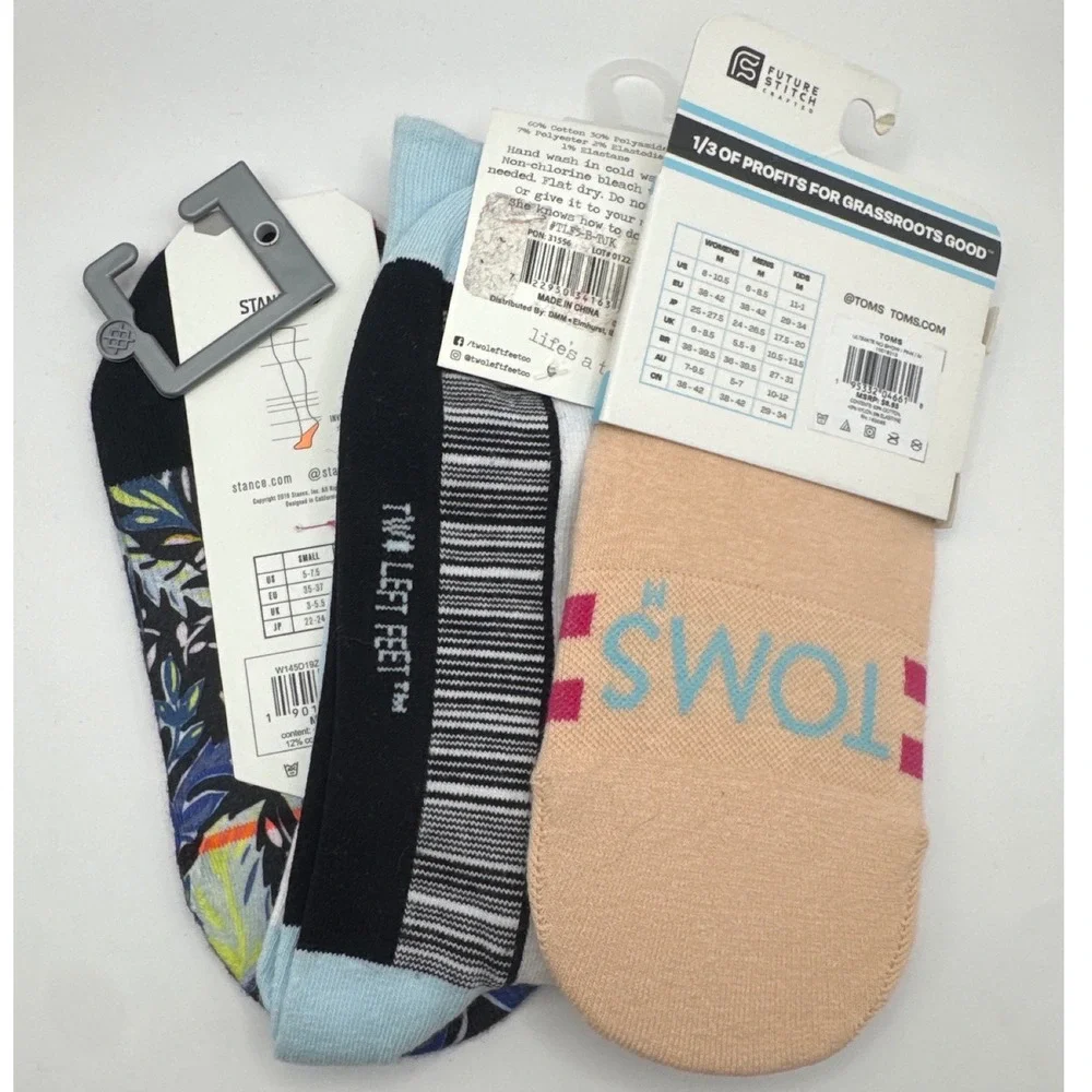 TOMS Stance Two Left Feet Womens Socks Bundle 3 Pairs No Show Crew Size M 8-10.5